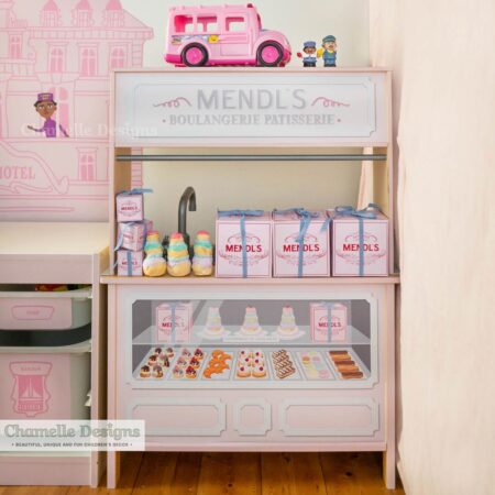 Ikea Duktig play kitchen hack - Mendls Patisserie bakery removable decal - Chamelle Designs