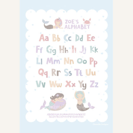 Mermaid Alphabet Kids Wall Art Print by Chamelle Designs - blue