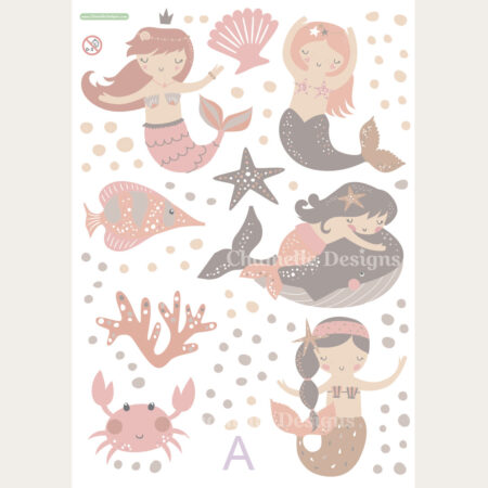 Mermaid removable fabric wall decals neutrals caramel taupe A