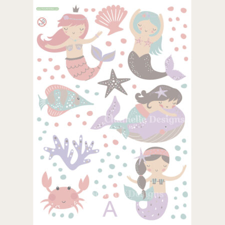 Mermaid removable fabric wall decals pink purple blue A