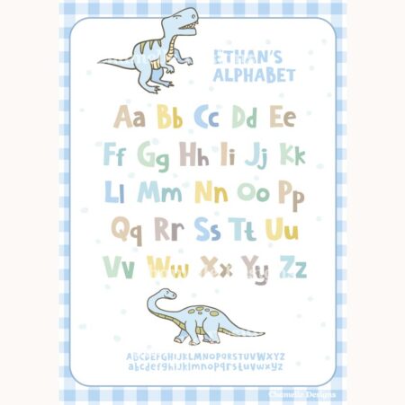 Dinosaur Art print Alphabet personalised - blue gingham