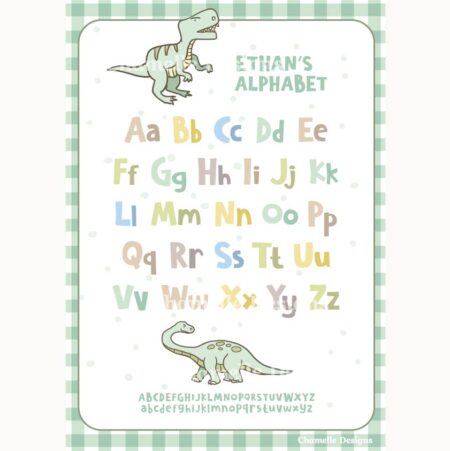 Dinosaur Art print Alphabet personalised - green gingham