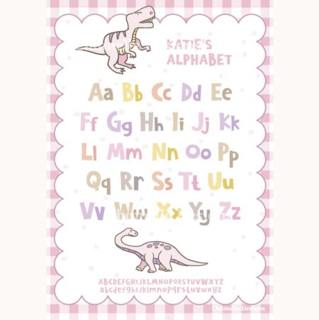 Dinosaur Art print Alphabet personalised - pink gingham 2