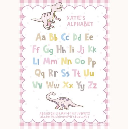 Dinosaur Art print Alphabet personalised - pink gingham rainbow