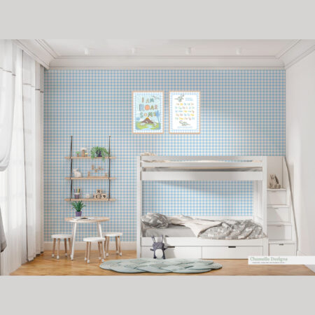 Removable Fabric Wallpaper and Childrens Art Prints - Gingham Blue Dinosaur I am roarsome