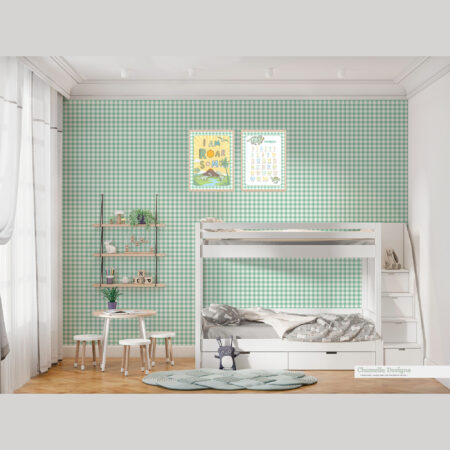 Removable Fabric Wallpaper Gingham Green Dinosaur