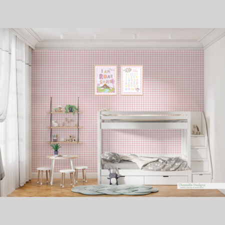 Removable Fabric Wallpaper and Childrens Art Prints - Gingham Pink Dinosaur I am roarsome